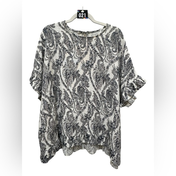 ✨ 21. Made In Italy Paisley Print Linen Blend Top With Ruffle XL+ - Picture 1 of 9